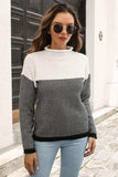 Two-Tone Mock Neck Dropped Shoulder Pullover Sweater - Flyclothing LLC
