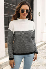 Two-Tone Mock Neck Dropped Shoulder Pullover Sweater - Flyclothing LLC