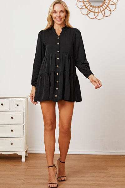 Ruffled Button Up Long Sleeve Tiered Shirt - Trendsi - Flyclothing LLC