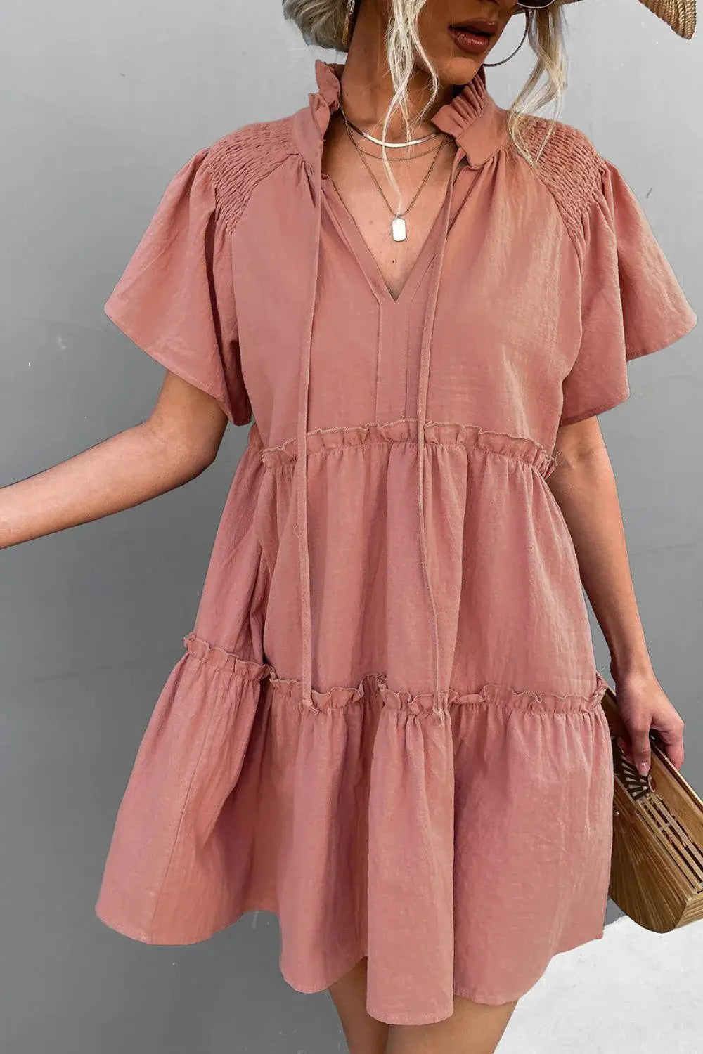 Frill Trim Smocked Tie Neck Dress - Trendsi - Flyclothing LLC