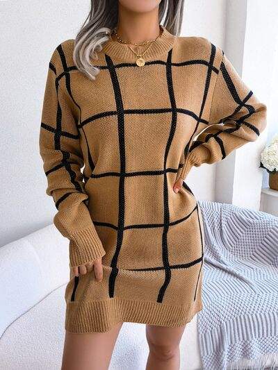 Plaid Round Neck Dropped Shoulder Sweater Dress - Trendsi - Flyclothing LLC