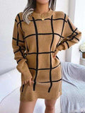 Plaid Round Neck Dropped Shoulder Sweater Dress - Trendsi - Flyclothing LLC