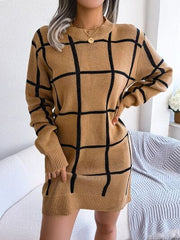 Plaid Round Neck Dropped Shoulder Sweater Dress - Trendsi