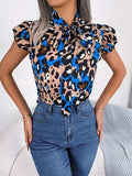 Leopard Tie Neck Cap Sleeve Blouse - Trendsi - Flyclothing LLC