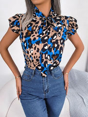 Leopard Tie Neck Cap Sleeve Blouse - Trendsi