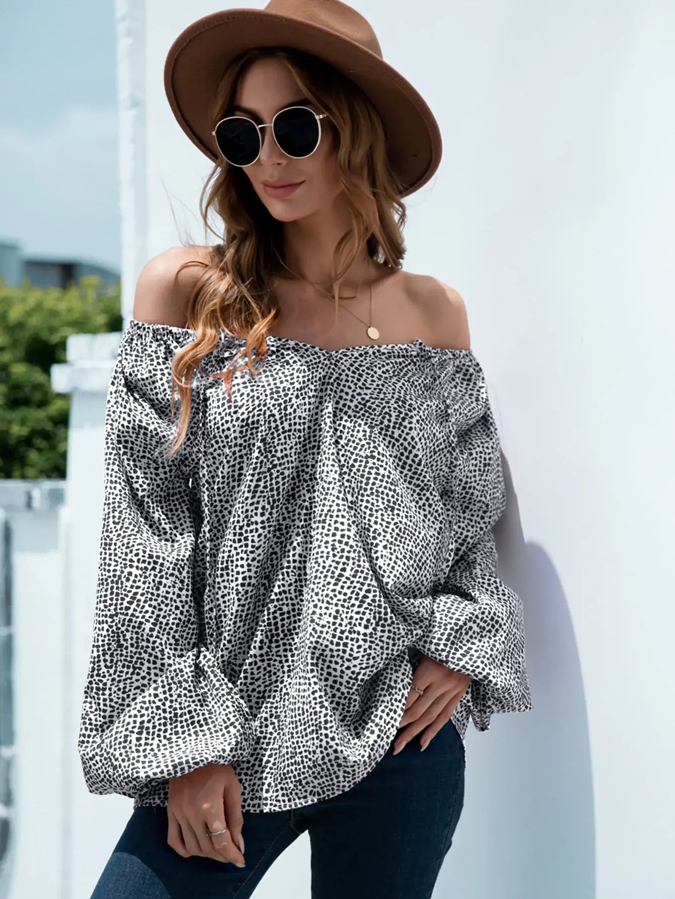 Printed Tie-Neck Balloon Sleeve Blouse - Trendsi - Flyclothing LLC