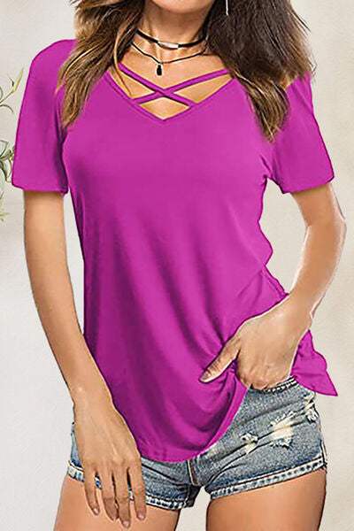 Crisscross Short Sleeve T-Shirt - Trendsi - Flyclothing LLC