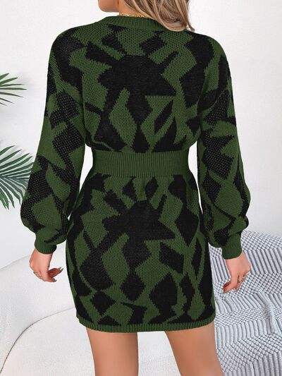 Contrast Round Neck Cutout Long Sleeve Mini Sweater Dress - Trendsi - Flyclothing LLC