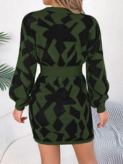 Contrast Round Neck Cutout Long Sleeve Mini Sweater Dress - Trendsi