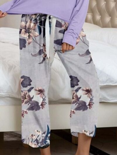 Round Neck Top and Printed Pants Lounge Set - Trendsi