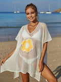 Openwork Flower V-Neck Short Sleeve Cover Up - Trendsi