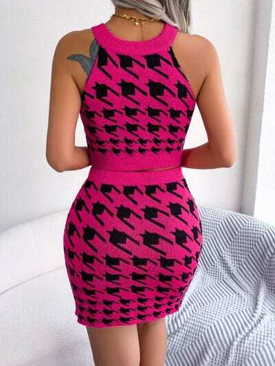 Houndstooth Sleeveless Top and Skirt Sweater Set - Trendsi - Flyclothing LLC