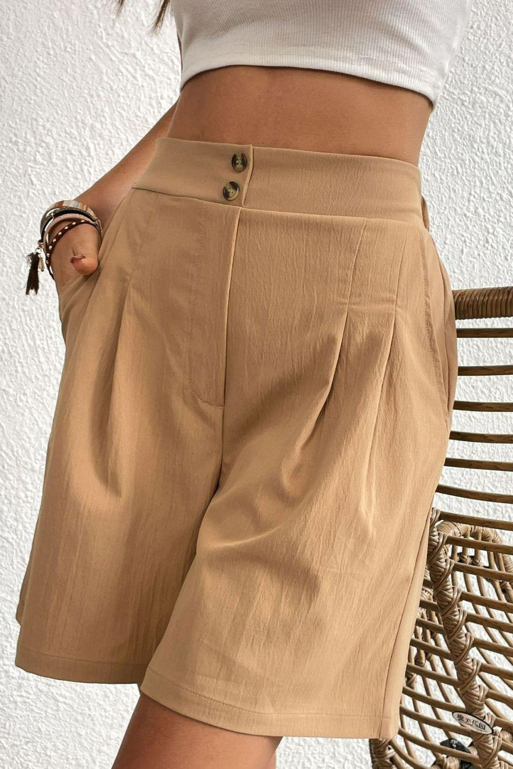 Buttoned Elastic Waist Pleated Detail Shorts - Trendsi