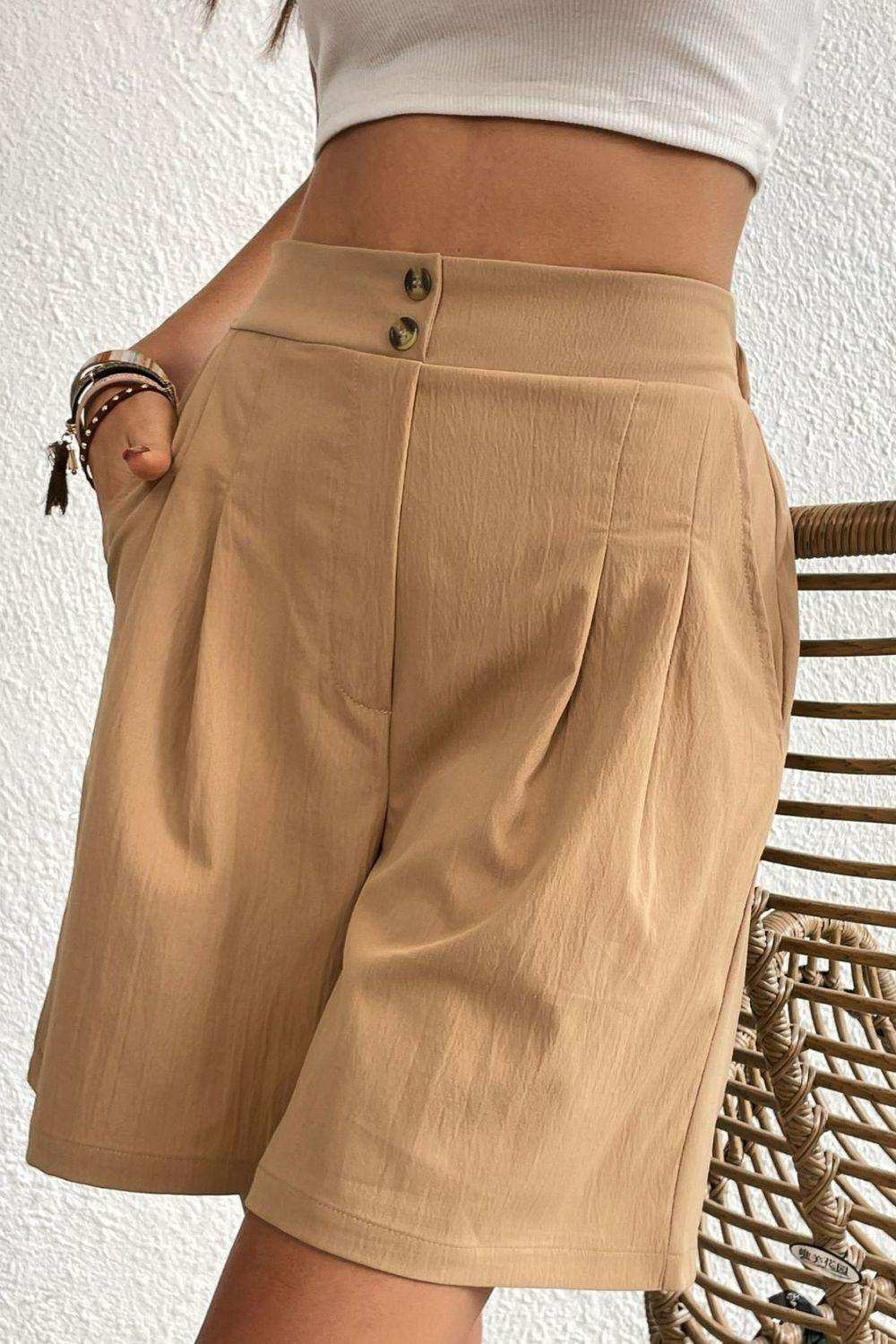 Buttoned Elastic Waist Pleated Detail Shorts - Trendsi - Flyclothing LLC