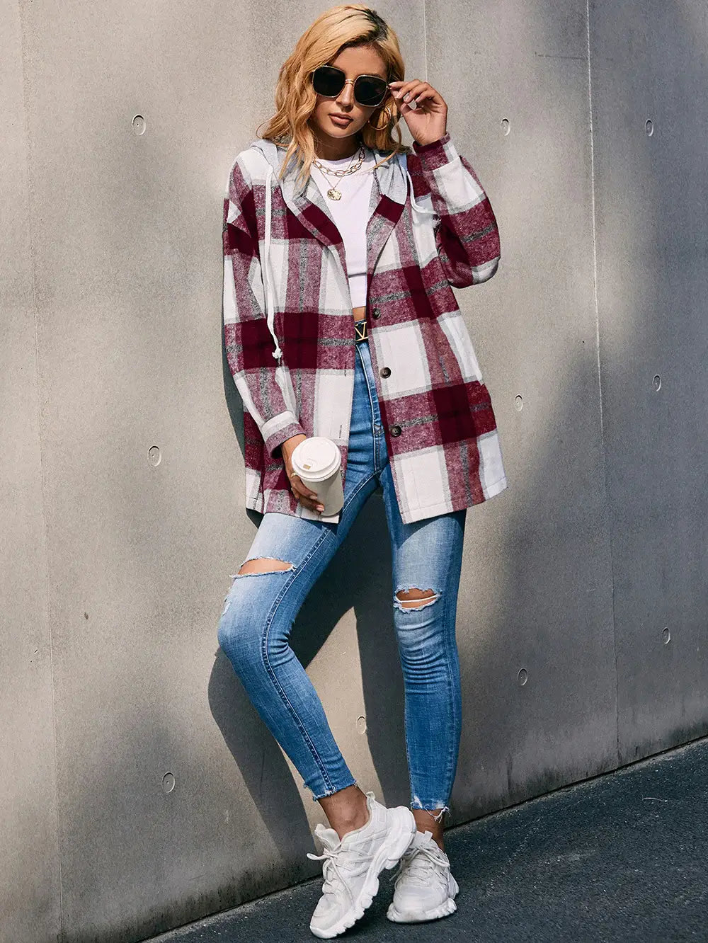 Plaid Dropped Shoulder Hooded Jacket - Trendsi - Flyclothing LLC