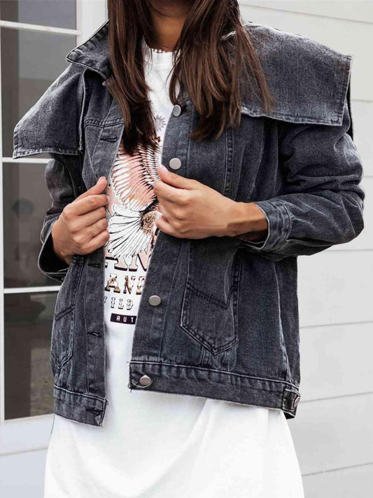Collared Neck Button Down Denim Jacket - Trendsi