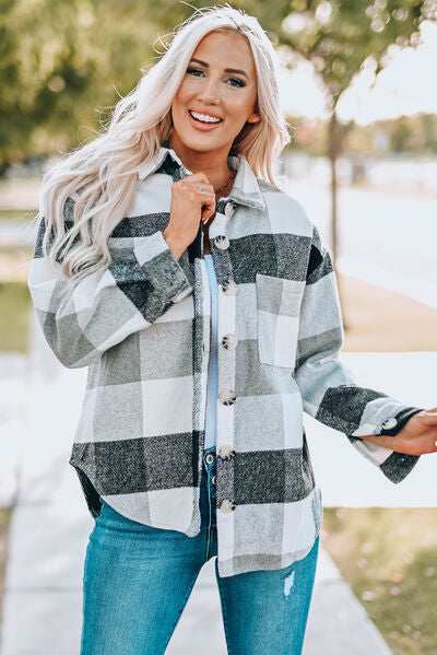 Plaid Button Up Dropped Shoulder Jacket - Trendsi - Flyclothing LLC