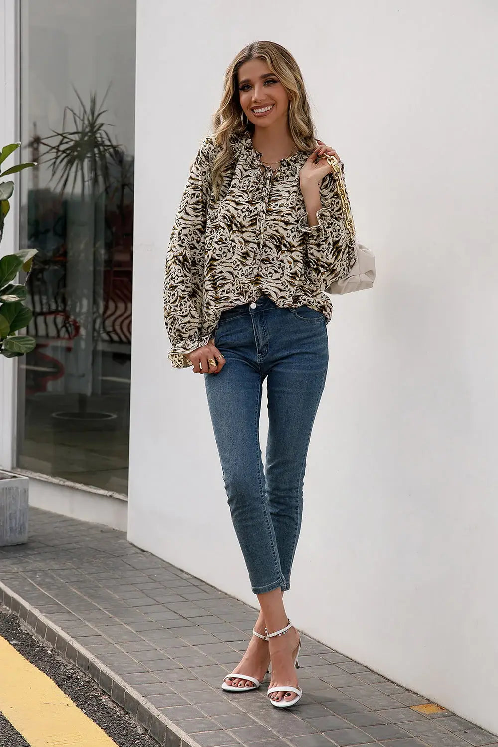 Printed Tie Neck Frill Trim Flounce Sleeve Blouse - Trendsi - Flyclothing LLC