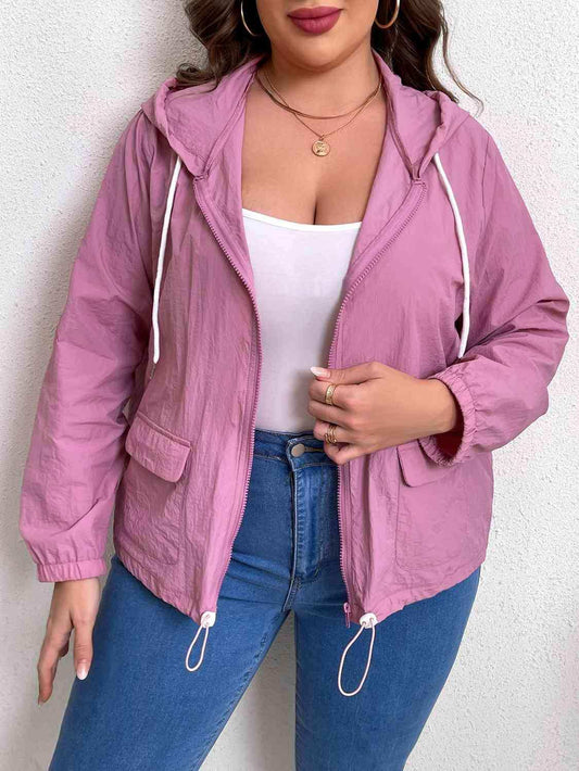 Plus Size Zip-Up Drawstring Hooded Jacket with Pockets - Trendsi - Flyclothing LLC