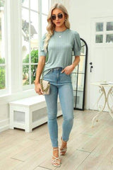 Openwork Round Neck Short Sleeve Blouse - Trendsi - Flyclothing LLC