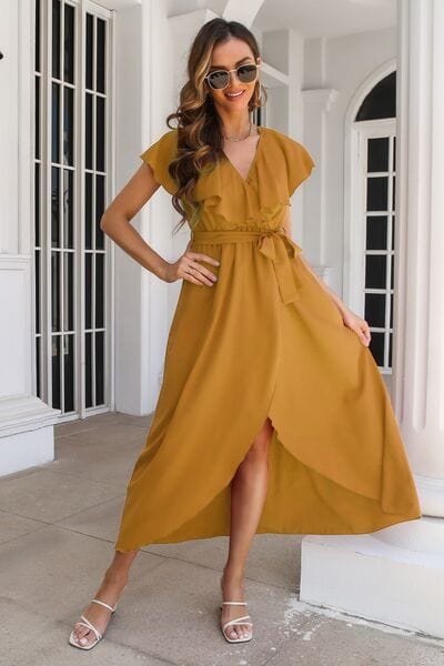 Ruffled Surplice Tie Waist Slit Midi Dress - Trendsi