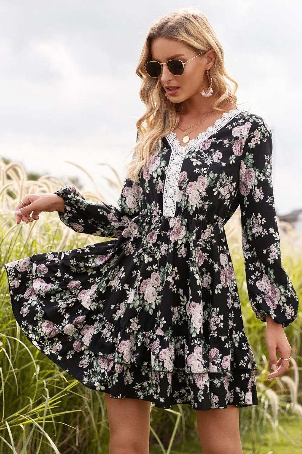 Floral Lace Trim Long Sleeve Dress - Trendsi - Flyclothing LLC