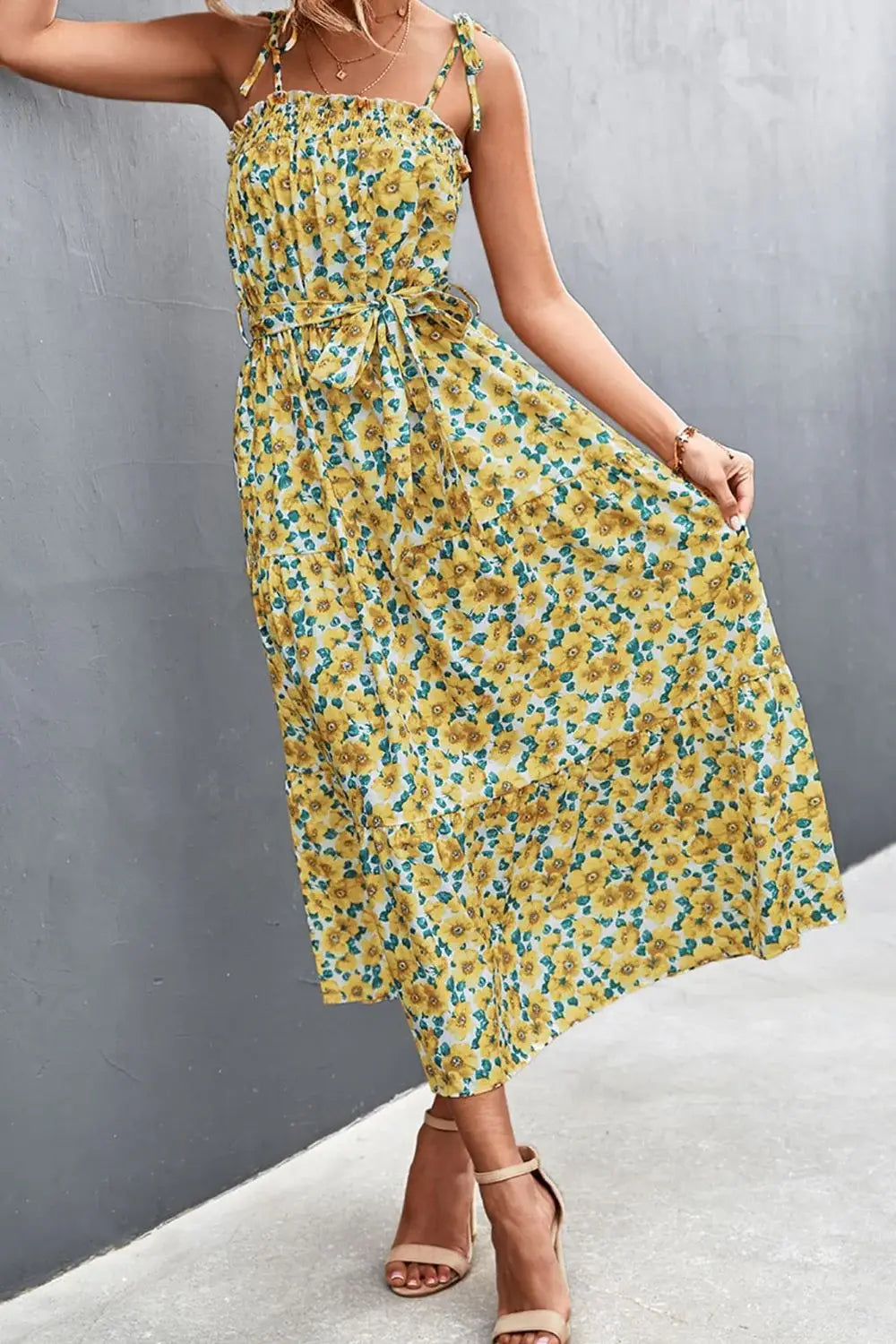 Floral Tie-Shoulder Belted Dress - Trendsi - Flyclothing LLC