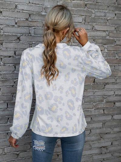 Leopard V-Neck Decorative Button Long Sleeve Blouse - Trendsi