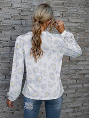 Leopard V-Neck Decorative Button Long Sleeve Blouse - Trendsi