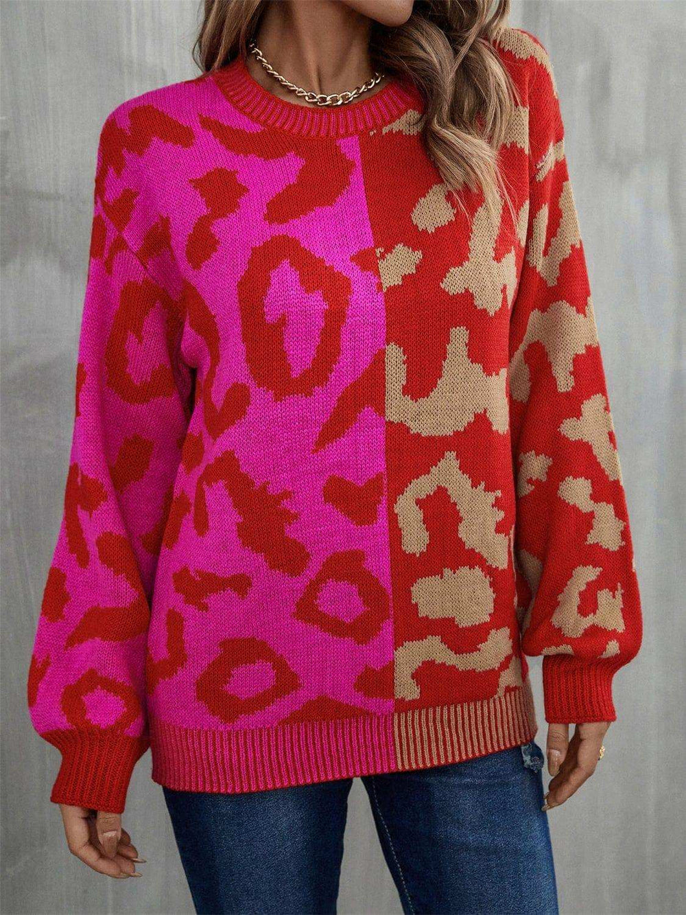 Leopard Round Neck Long Sleeve Sweater - Trendsi - Flyclothing LLC