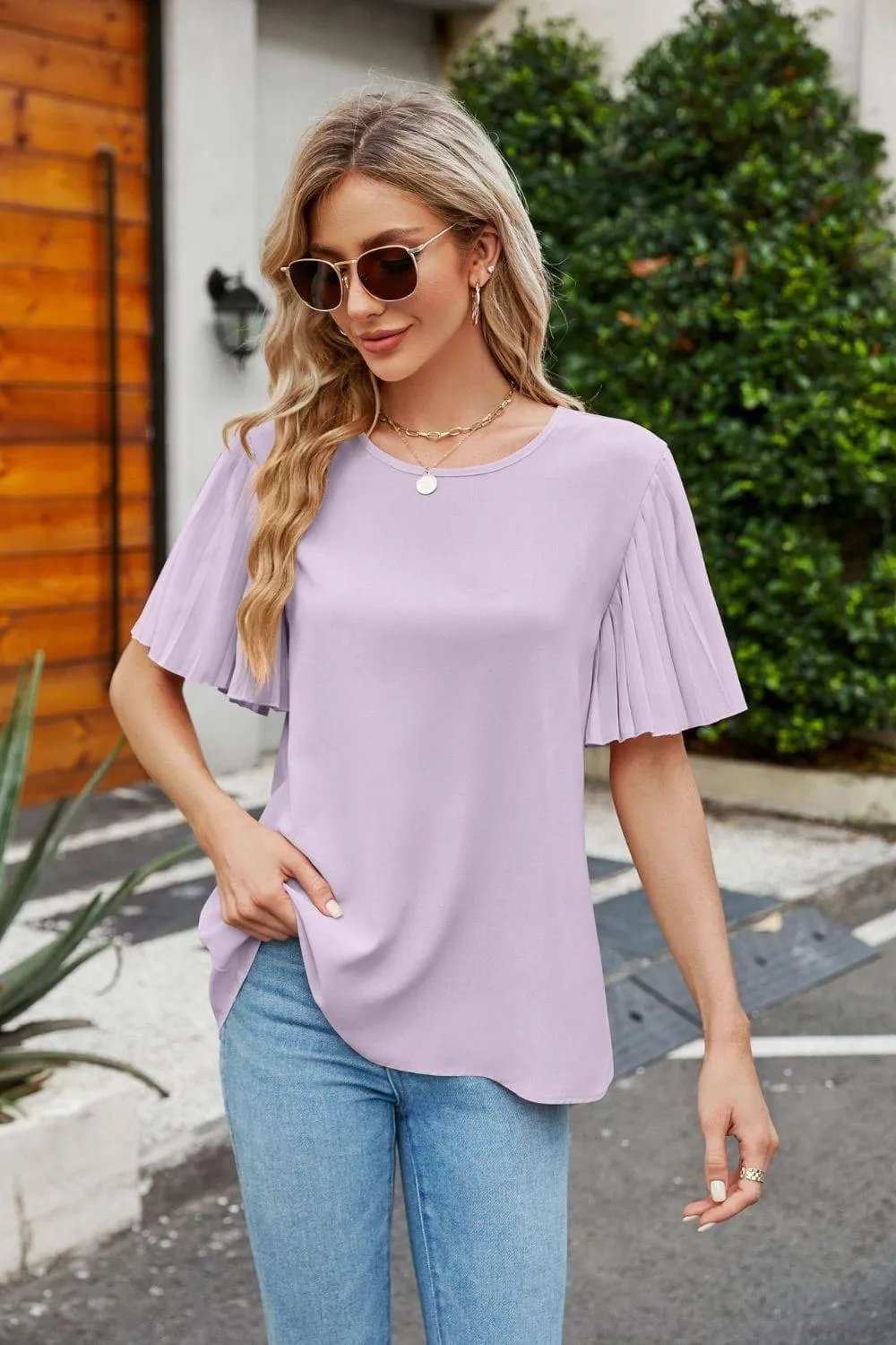 Pleated Flutter Sleeve Round Neck Blouse - Trendsi - Flyclothing LLC