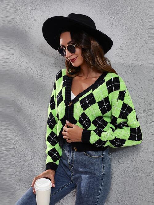 Geometric Button Up Long Sleeve Cardigan - Trendsi