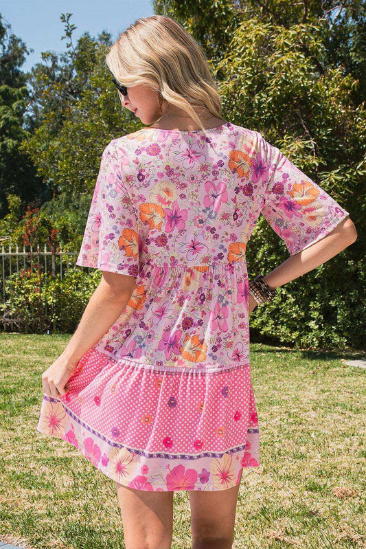 Floral Polka Dot Buttoned Mini Dress - Trendsi - Flyclothing LLC
