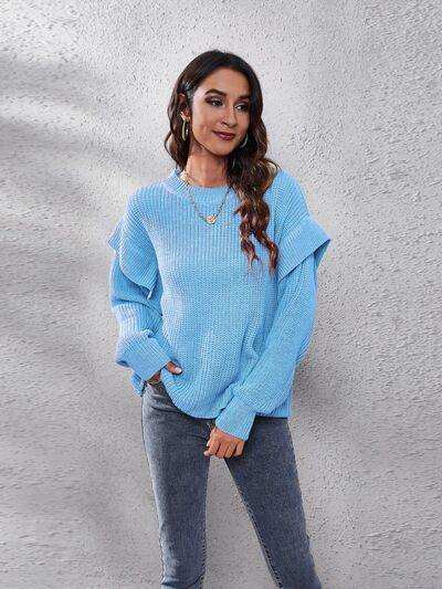Ruffled Round Neck Dropped Shoulder Sweater - Trendsi - Flyclothing LLC