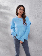 Ruffled Round Neck Dropped Shoulder Sweater - Trendsi