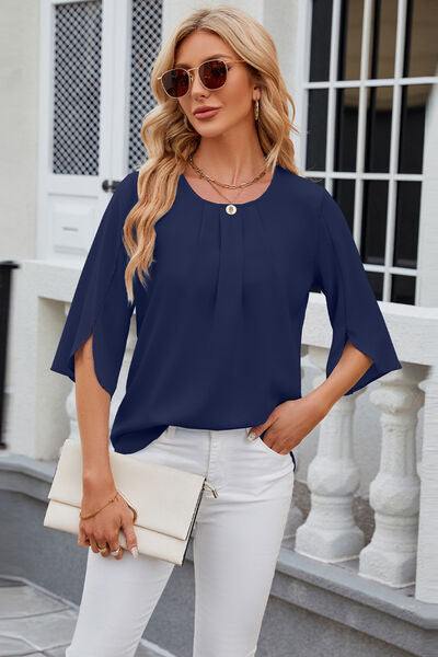 Round Neck Slit Half Sleeve Top - Trendsi
