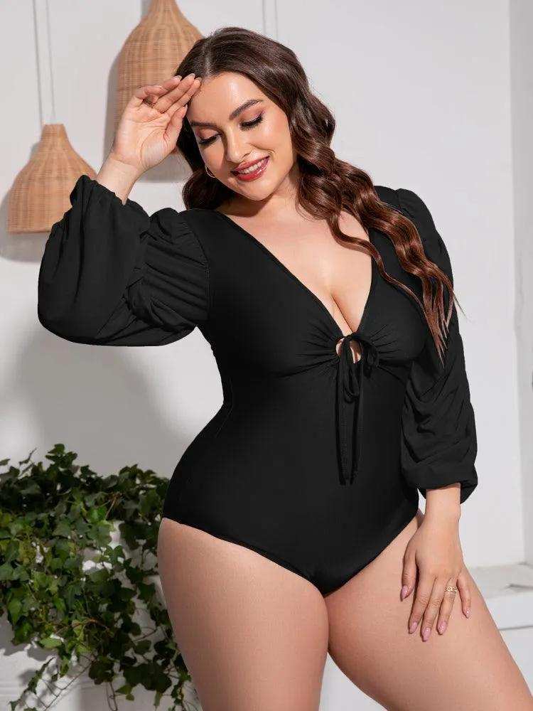 Plus Size Tied Deep V Balloon Sleeve One-Piece Swimsuit - Trendsi - Flyclothing LLC