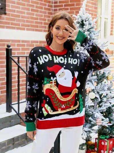 Santa Round Neck Long Sleeve Sweater - Trendsi - Flyclothing LLC
