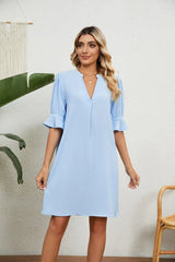Notched Neck Flounce Sleeve Dress - Trendsi - Flyclothing LLC