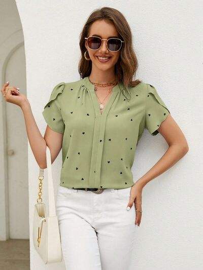 Heart Print Notched Petal Sleeve Blouse - Trendsi - Flyclothing LLC