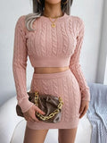 Cable-Knit Round Neck Top and Skirt Sweater Set - Trendsi