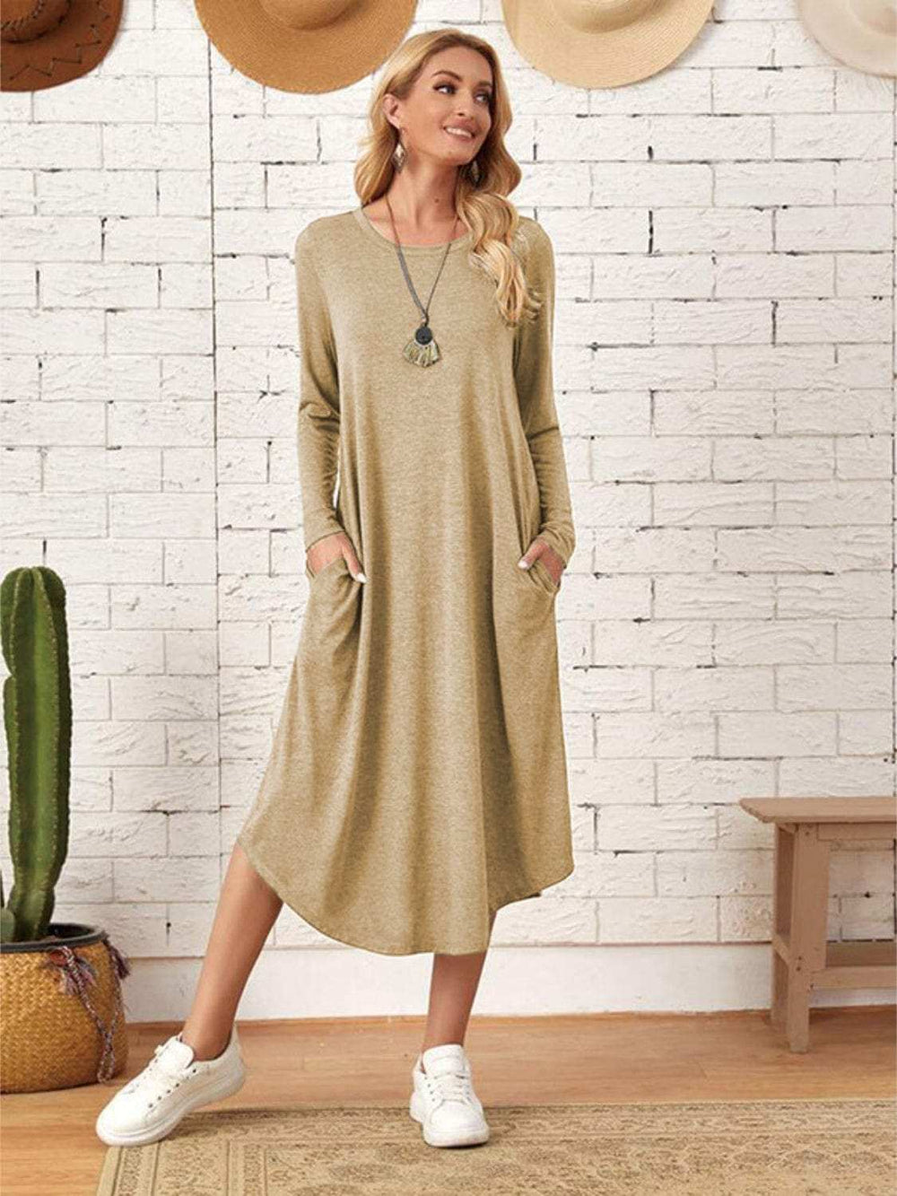 Pocketed Round Neck Long Sleeve Tee Dress - Trendsi - Flyclothing LLC