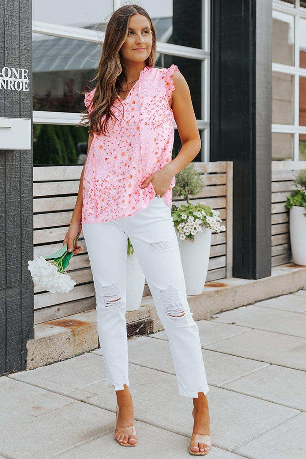 Floral Tie Neck Ruffled Sleeveless Top - Trendsi - Flyclothing LLC