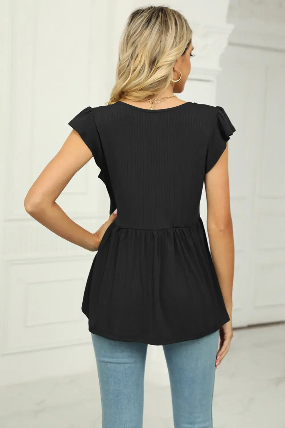 V-Neck Flutter Sleeve Babydoll Blouse - Trendsi - Flyclothing LLC