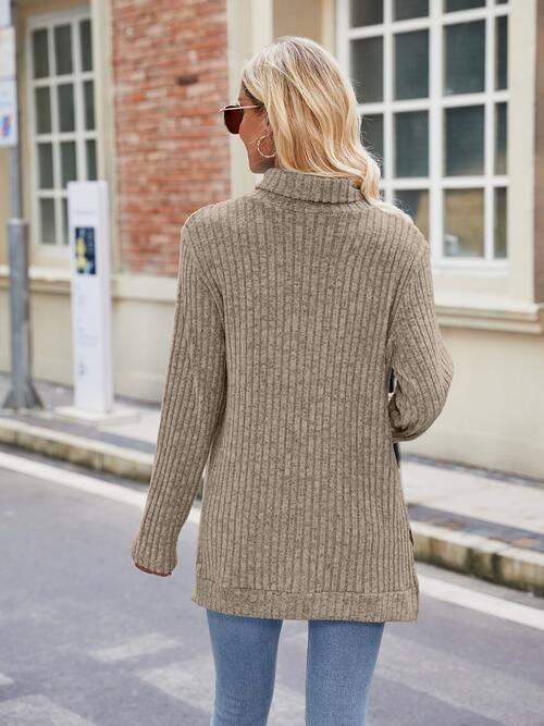 Ribbed Turtleneck Long Sleeve Slit Knit Top - Trendsi - Flyclothing LLC