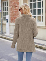 Ribbed Turtleneck Long Sleeve Slit Knit Top - Trendsi - Flyclothing LLC