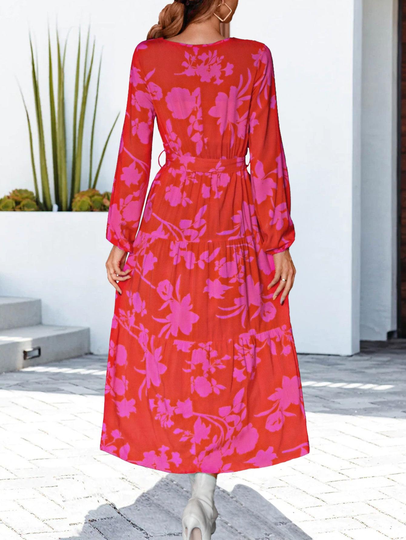 Floral V-Neck Long Sleeve Dress - Trendsi