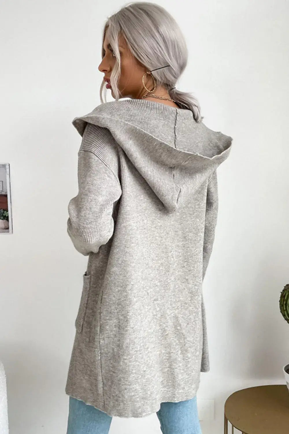Ribbed Open Front Hooded Cardigan with Pockets - Trendsi - Flyclothing LLC