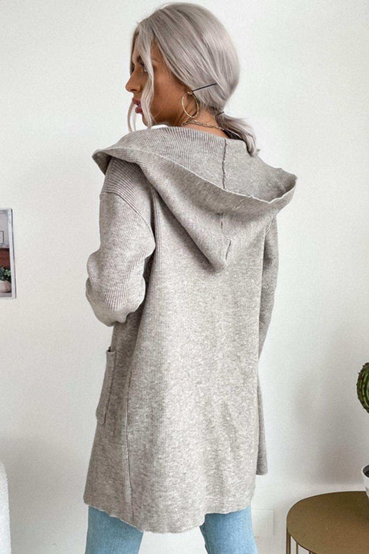 Ribbed Open Front Hooded Cardigan with Pockets - Trendsi - Flyclothing LLC