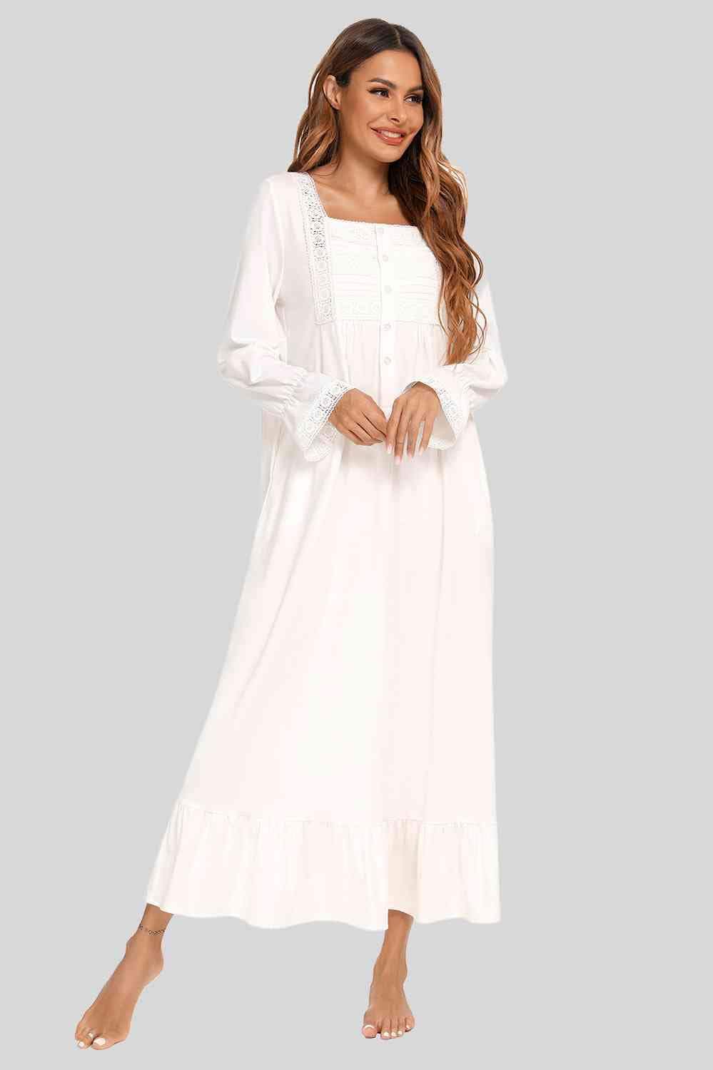 Lace Detail Square Neck Flounce Sleeve Night Dress - Trendsi - Flyclothing LLC